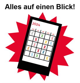 Abbildung eines Handys, auf dem ein Kalender zu sehen ist. Überschrift lautet: "Alles auf einem Blick!"